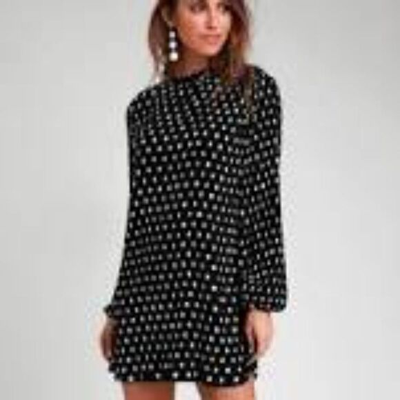 Lulus Plead Black/White Polka Dot Long Sleeve Shift Dress Size S - Picture 2 of 9